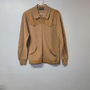 Challenger Vintage 70s Western Knit Jacket Suede Trim Tan Acrylic Zip Up Small